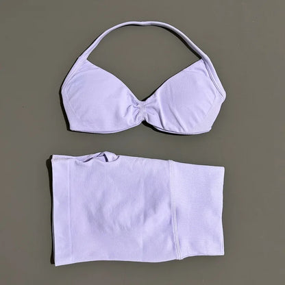 HISTELLO Gym Set 2 Piece Women Strappy Yoga Bra Top Workout Scrunch Shorts Sports Suit Fitness Clothes Seamless Yoga Set