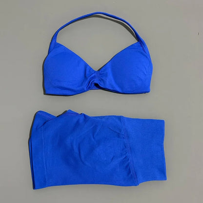 HISTELLO Gym Set 2 Piece Women Strappy Yoga Bra Top Workout Scrunch Shorts Sports Suit Fitness Clothes Seamless Yoga Set