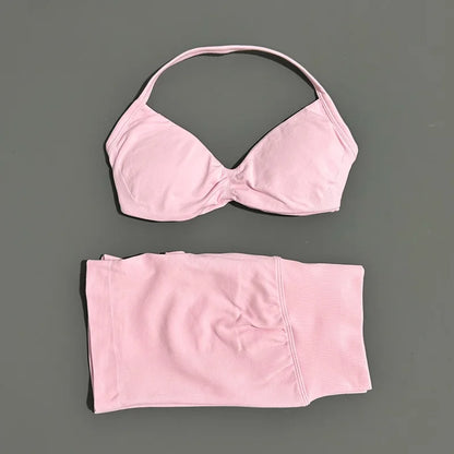 HISTELLO Gym Set 2 Piece Women Strappy Yoga Bra Top Workout Scrunch Shorts Sports Suit Fitness Clothes Seamless Yoga Set
