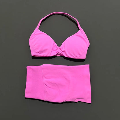 HISTELLO Gym Set 2 Piece Women Strappy Yoga Bra Top Workout Scrunch Shorts Sports Suit Fitness Clothes Seamless Yoga Set