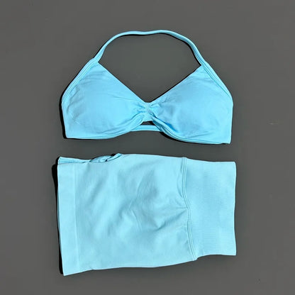 HISTELLO Gym Set 2 Piece Women Strappy Yoga Bra Top Workout Scrunch Shorts Sports Suit Fitness Clothes Seamless Yoga Set