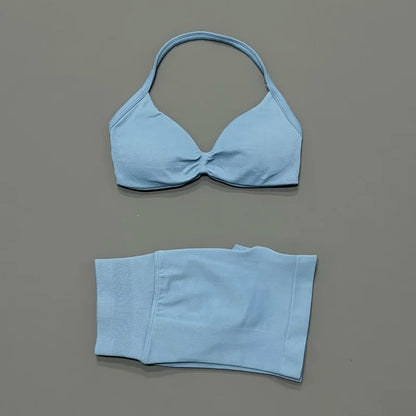 HISTELLO Gym Set 2 Piece Women Strappy Yoga Bra Top Workout Scrunch Shorts Sports Suit Fitness Clothes Seamless Yoga Set