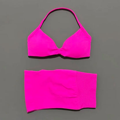 HISTELLO Gym Set 2 Piece Women Strappy Yoga Bra Top Workout Scrunch Shorts Sports Suit Fitness Clothes Seamless Yoga Set