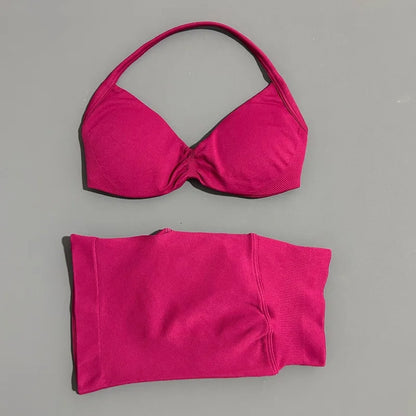 HISTELLO Gym Set 2 Piece Women Strappy Yoga Bra Top Workout Scrunch Shorts Sports Suit Fitness Clothes Seamless Yoga Set