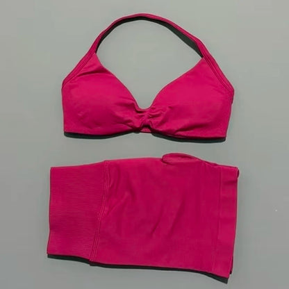 HISTELLO Gym Set 2 Piece Women Strappy Yoga Bra Top Workout Scrunch Shorts Sports Suit Fitness Clothes Seamless Yoga Set